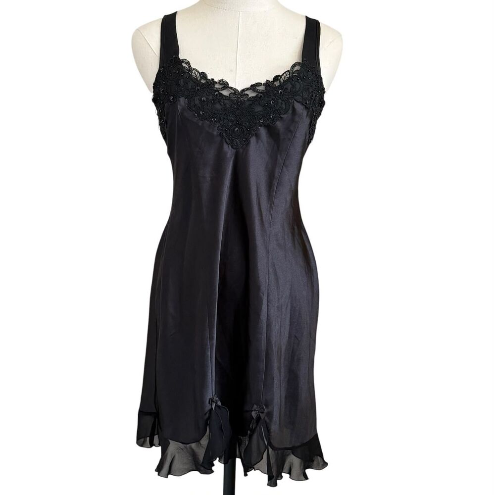 Donna Ricco Black Satin Lace Slip Dress Nightgown Chemise Size M Vintage